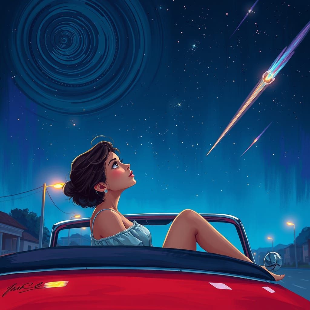 Young Woman Contemplates Starry Night Sky in Vibrant Concept...