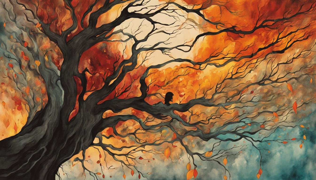 Autumn Woman with Fiery Hair and Swirling Leaves