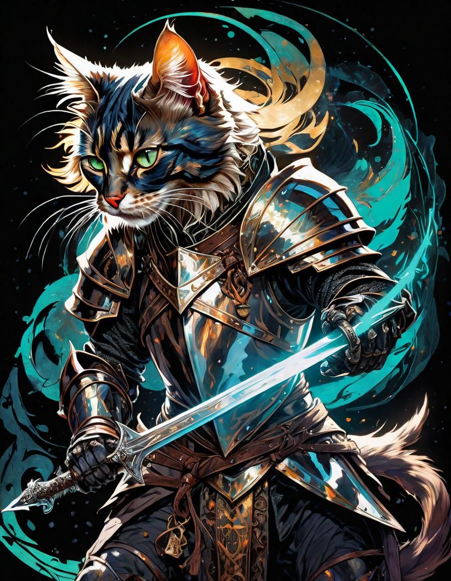 Furious Cat Knight in Dungeon, Leyendecker Style