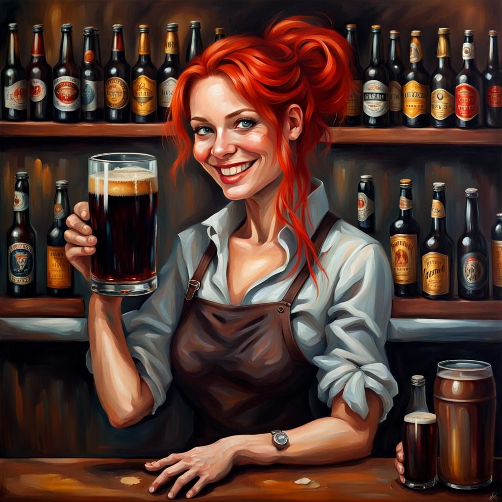 Red-Haired Bartender Serving Dark Beer: Oil Painting