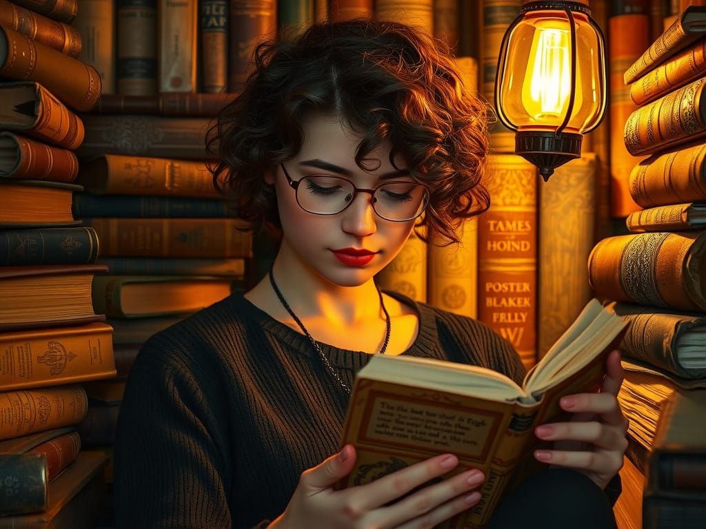 Young Woman in Cozy Library Nook, Surrounded by Old Leather-...
