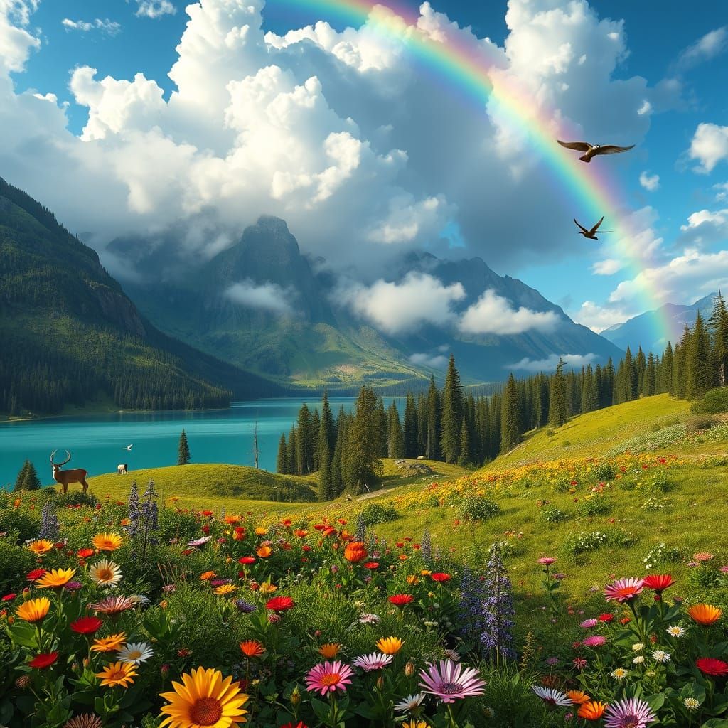 Hyperrealistic Paradise Landscape with Wildflowers, Lake, an...