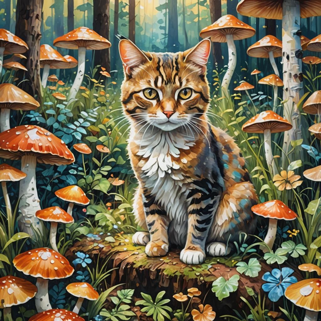Cat in Mushroom Forest: Impasto Gouache Painting