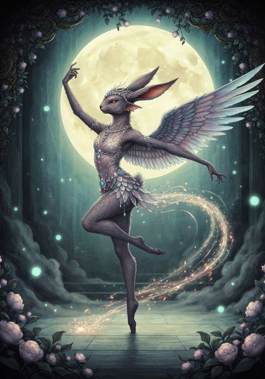 Winged Rabbit Ballet on Moonlit Stage