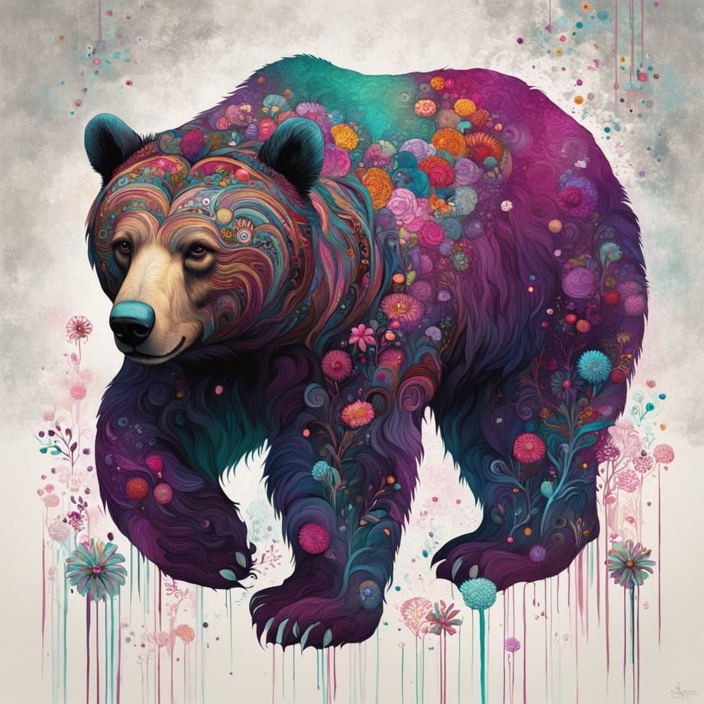 Bear in Magical Forest, Klimt-Inspired Splash Art