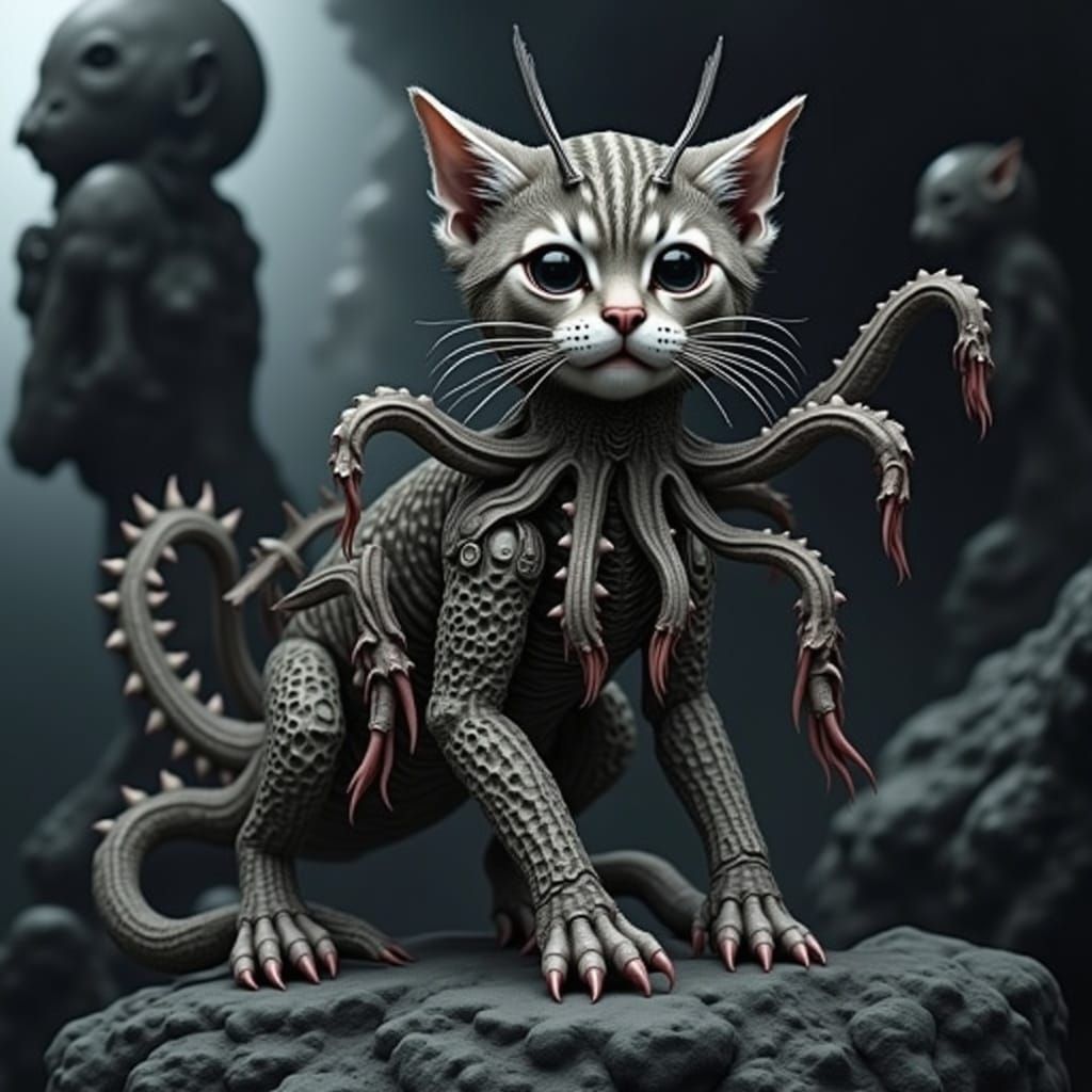Mountain-Scale Biomechanical Kitten-Kraken in Giger Style