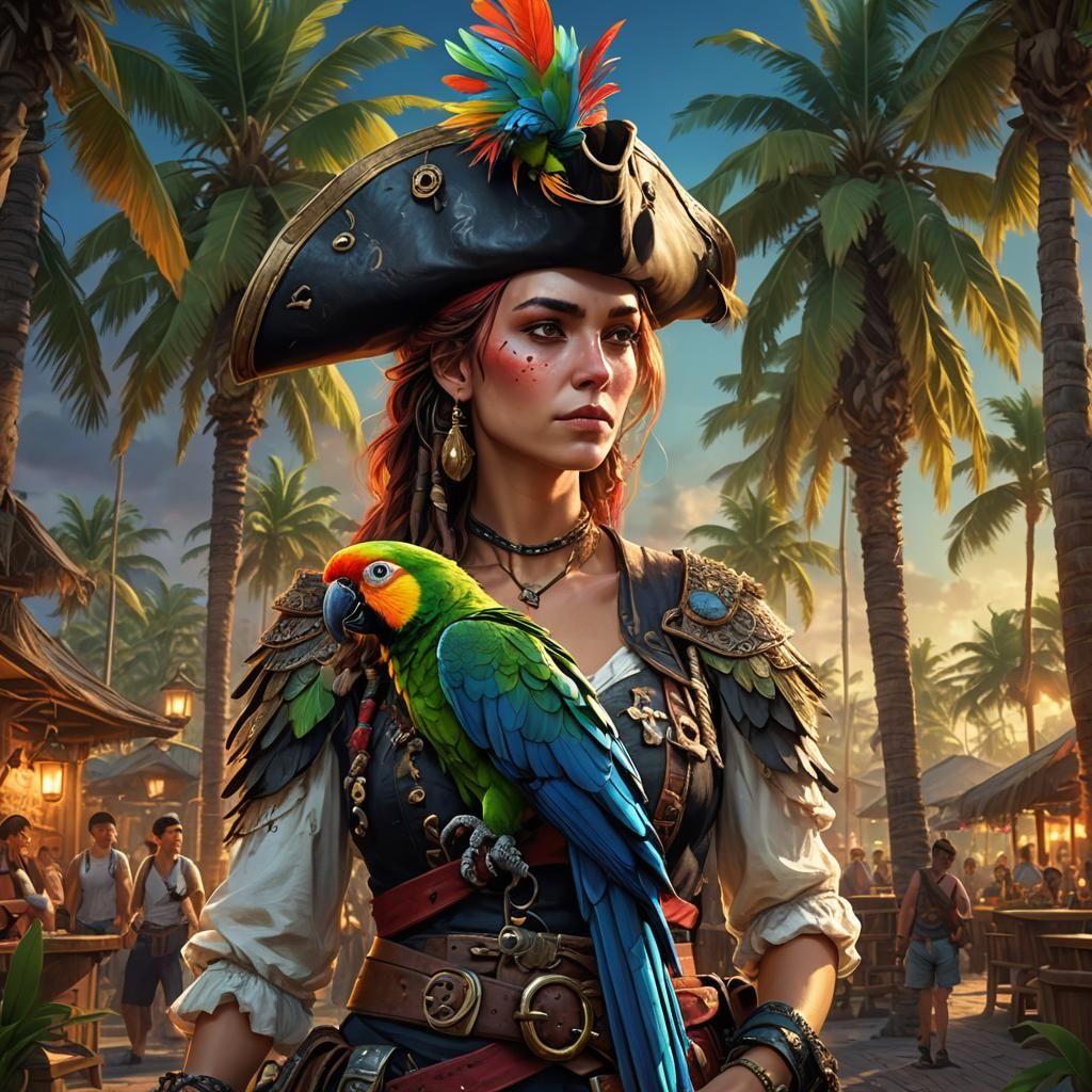 Pirate Queen with Parrot: Hyper-Detailed Octane Render