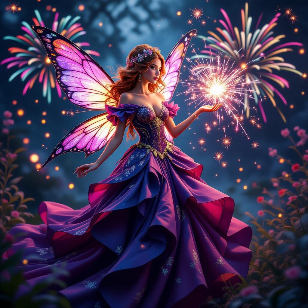Intricate Fairy Amidst Vibrant Fireworks