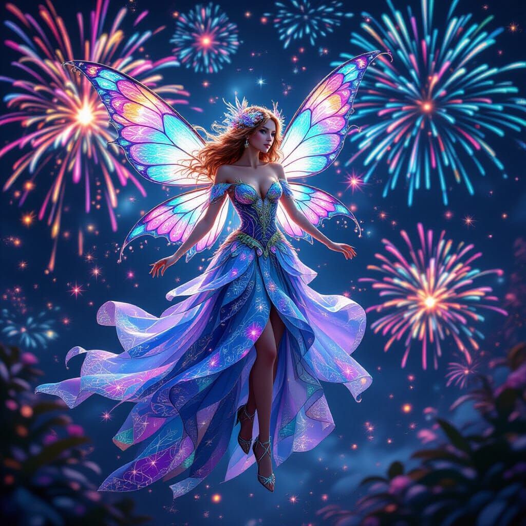 Detailed Fairy Amidst Vibrant Fireworks