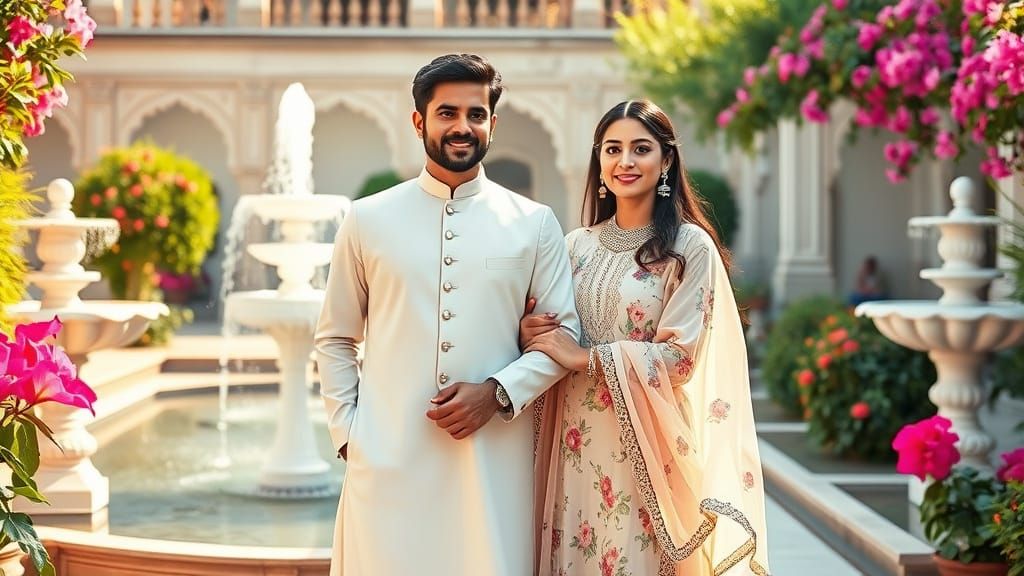 Serenely Dressed Pakistani Couple in Mughal Garden