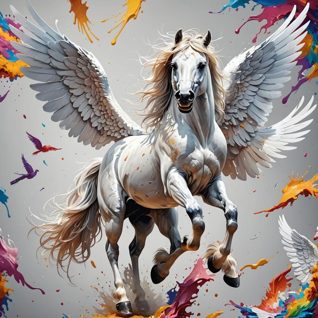 Fluffy White Winged Horse: Hyperrealistic Splash Art
