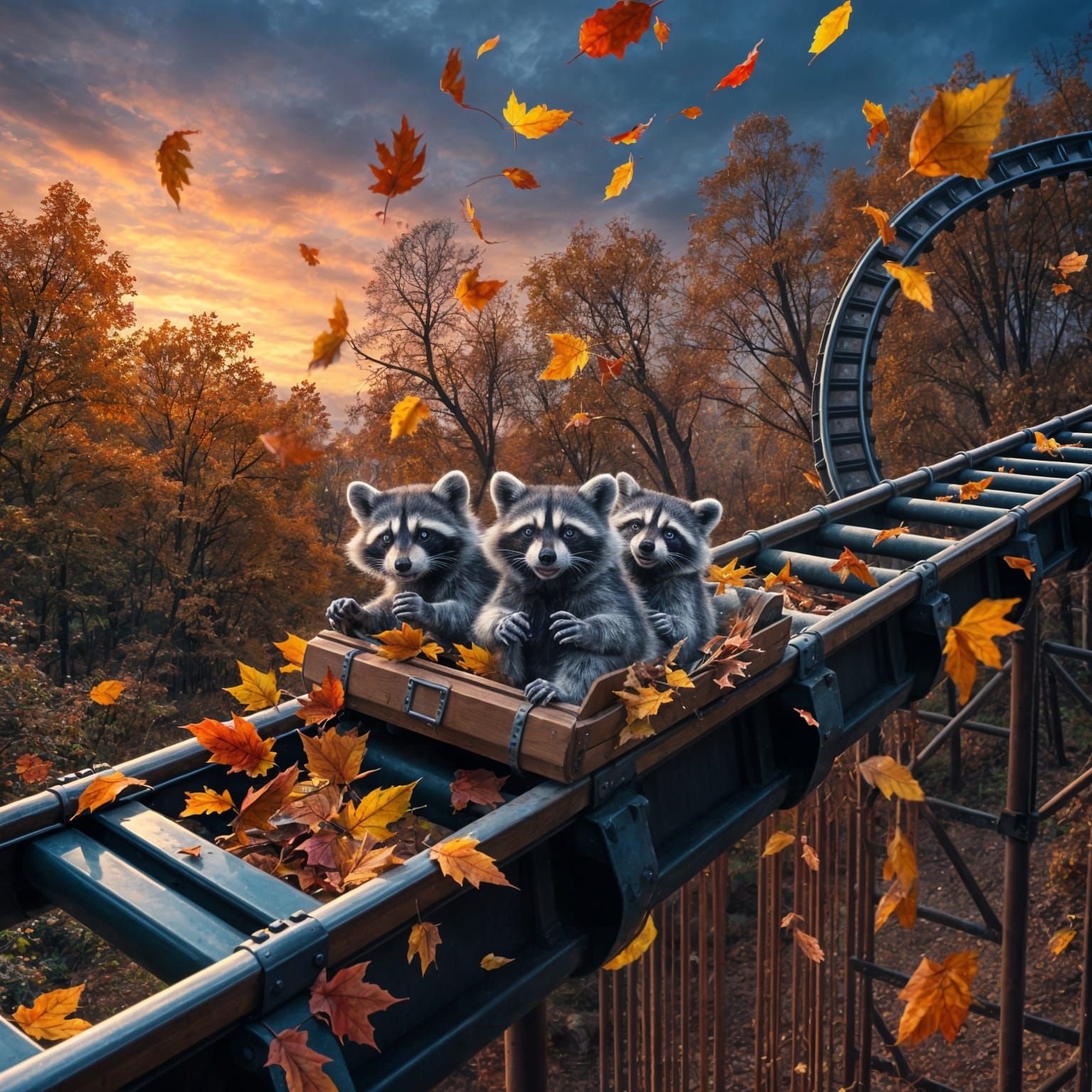 Raccoons Ride Rollercoaster Through Autumn Twilight