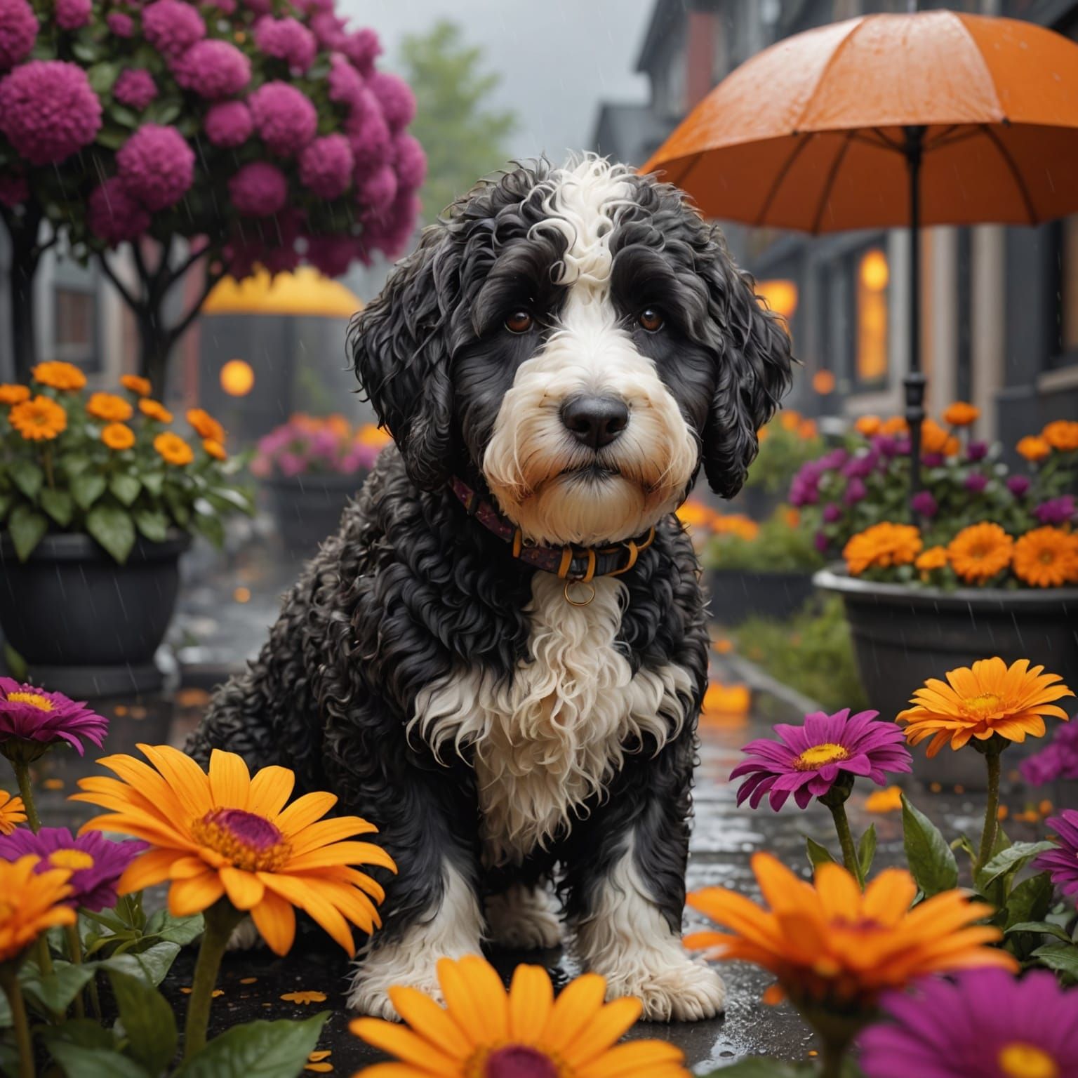 Sheepadoodle and Colorful Flower, Detailed Digital Art