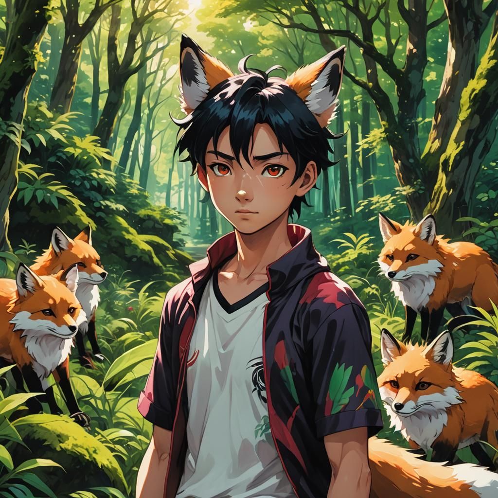 Anime Boy with Maroon Eyes in Forest