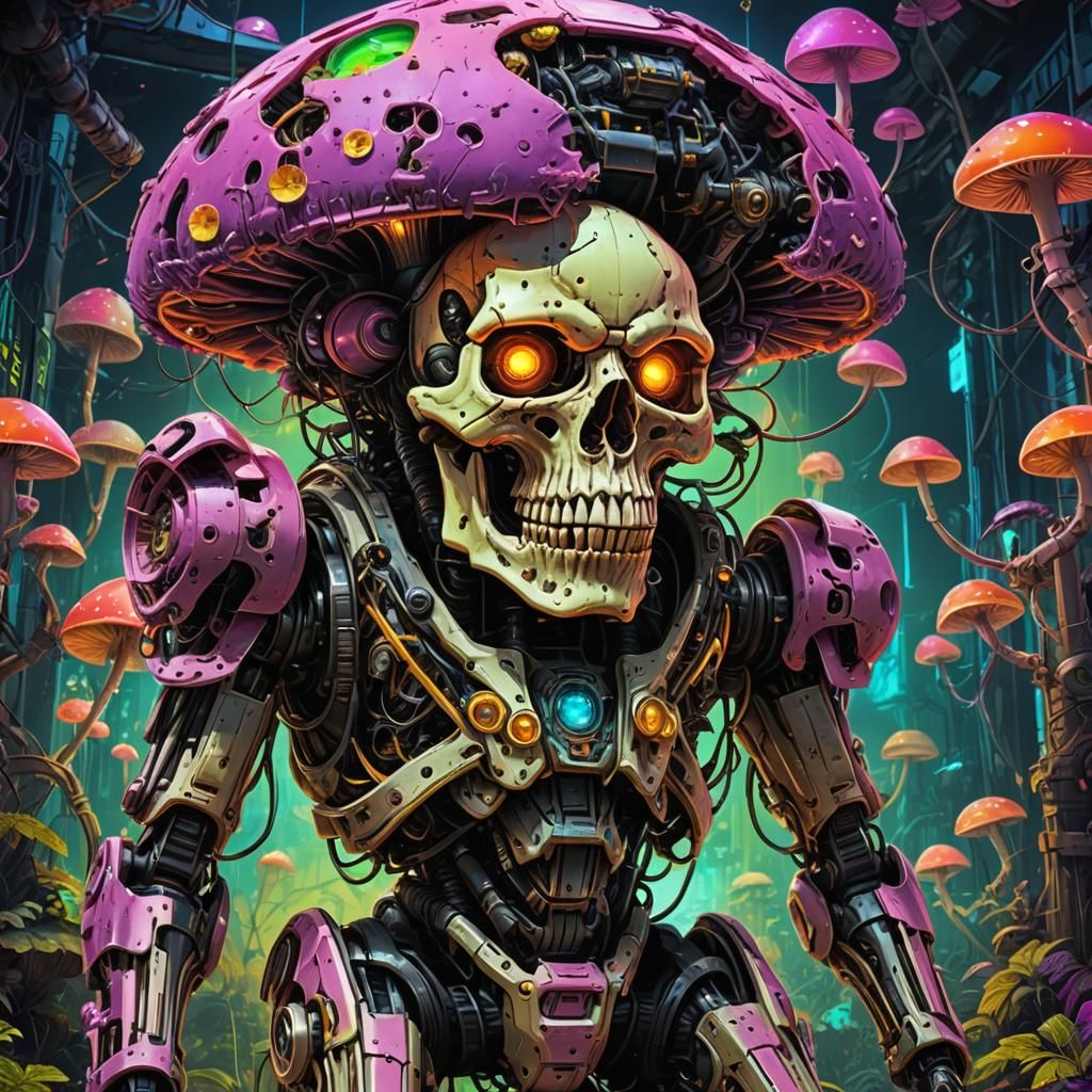 Mech suit mushroom skull robot, mushroom, neon, flourescent,...