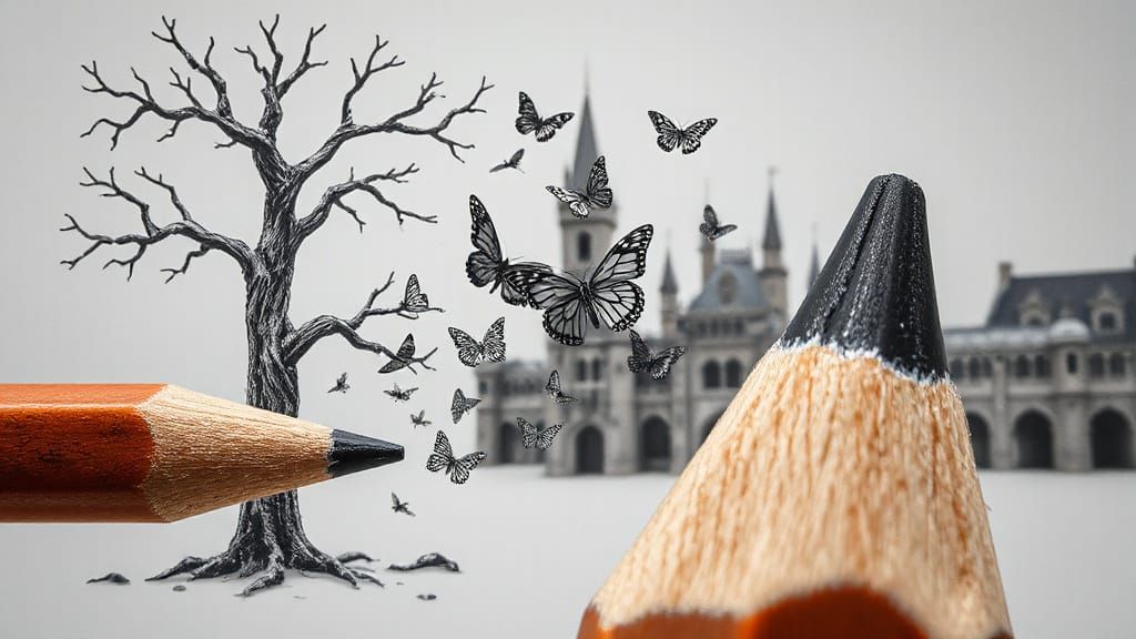 Pencil Transforms Into Tree & Butterflies in Charcoal Style