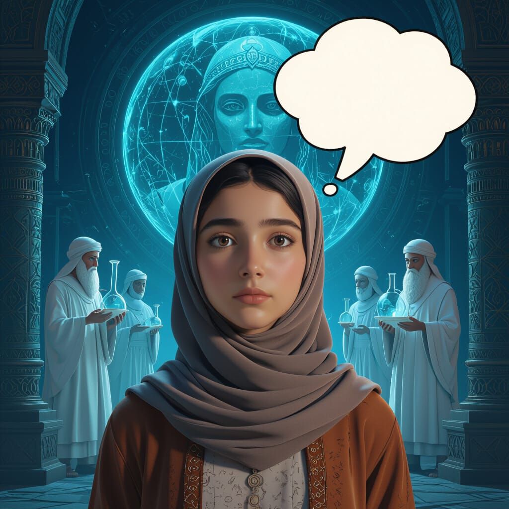 Teenage Girl with Thought Bubble Meets Ancient Scientists