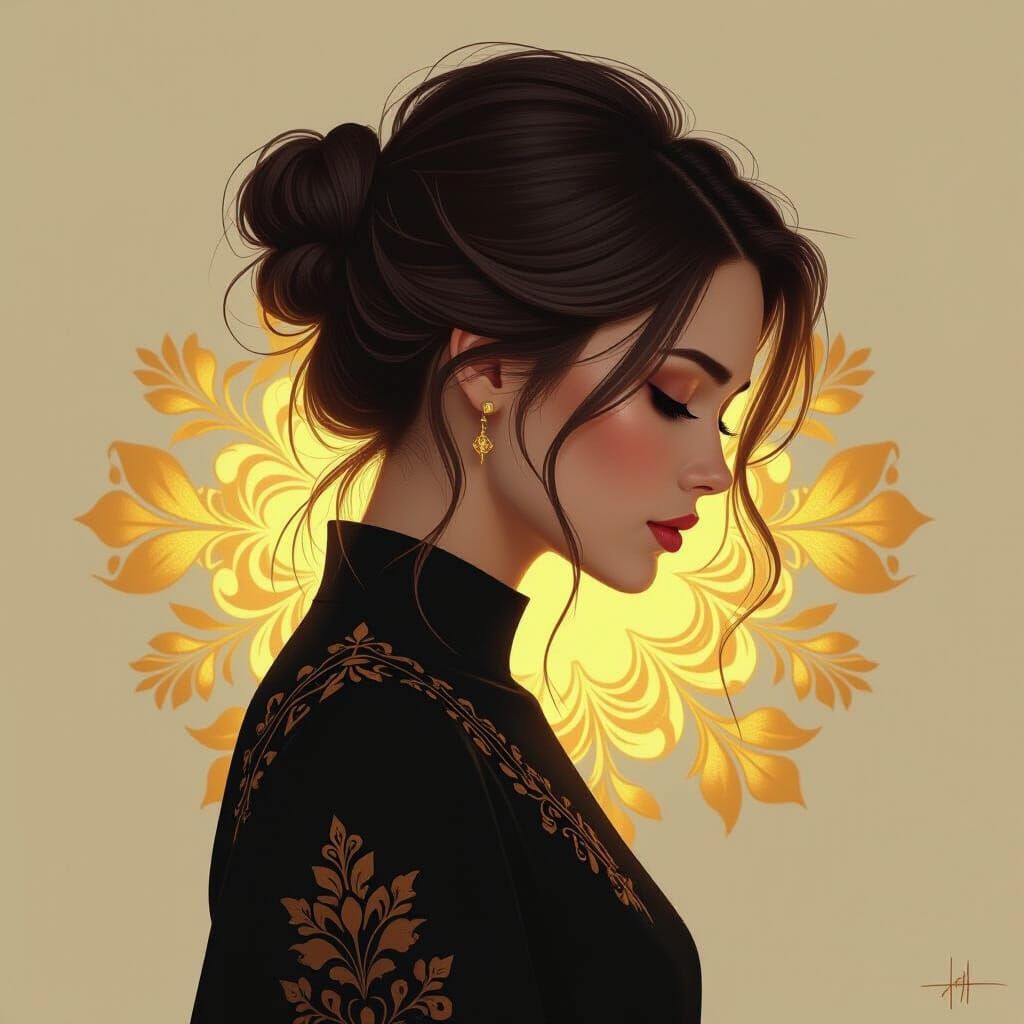 Woman in Profile with Golden Floral Hair, Hyperrealistic
