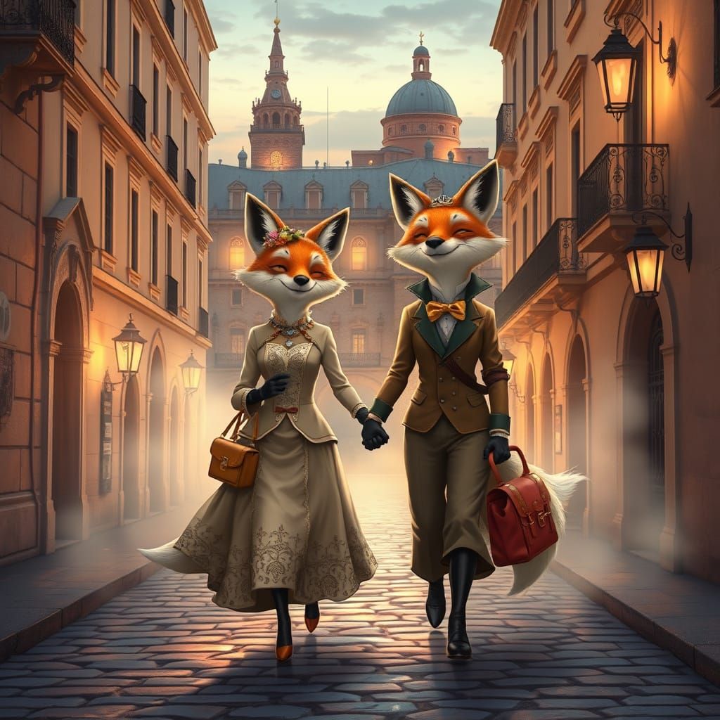 Romantic Fox Couple Strolls Through Enchanted Valletta Stree...