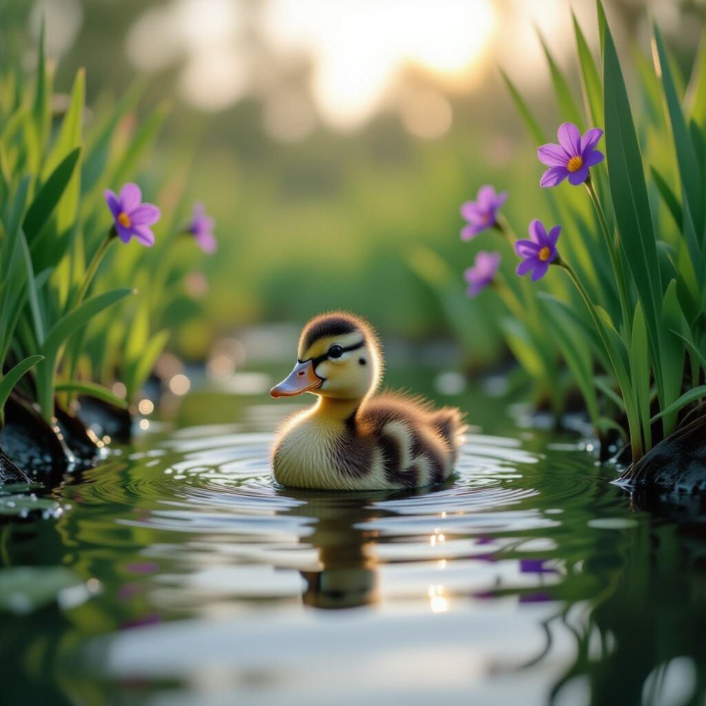 Duckling Emerges From Pond Amidst Lush Vegetation and Purple...