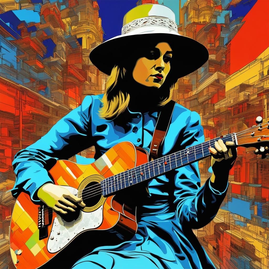 Pop Art Female Guitarist in Fractal Style