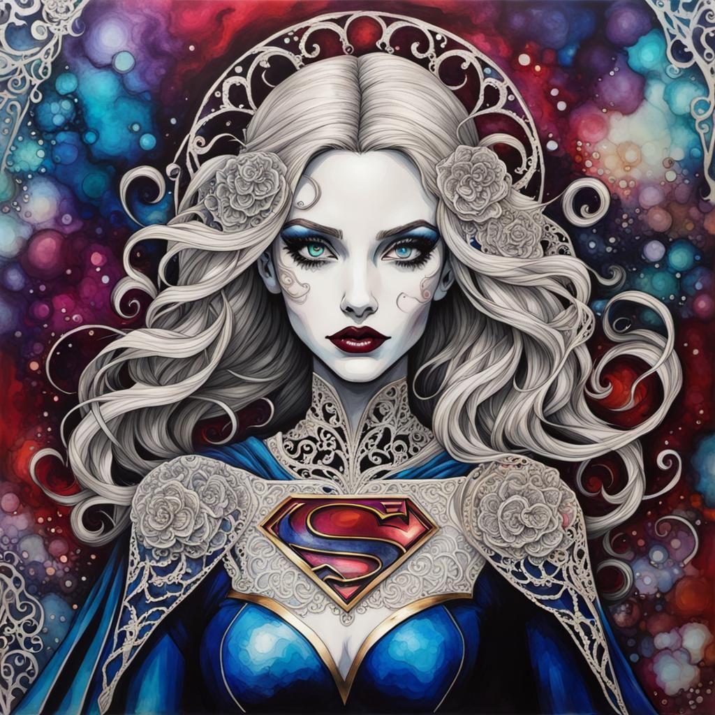 Filigree Supergirl Portrait in Alcohol Ink Style