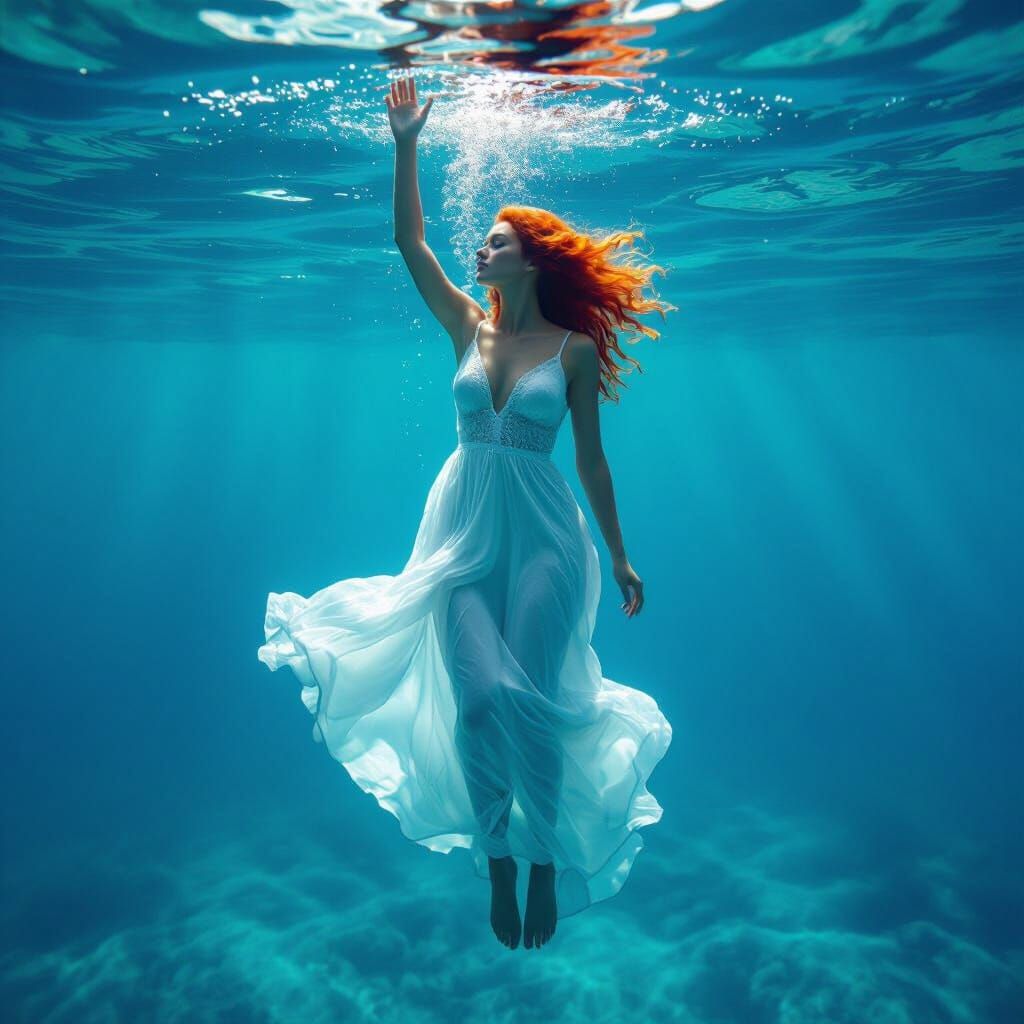 Woman in White Dress Sinking in Deep Blue Sea