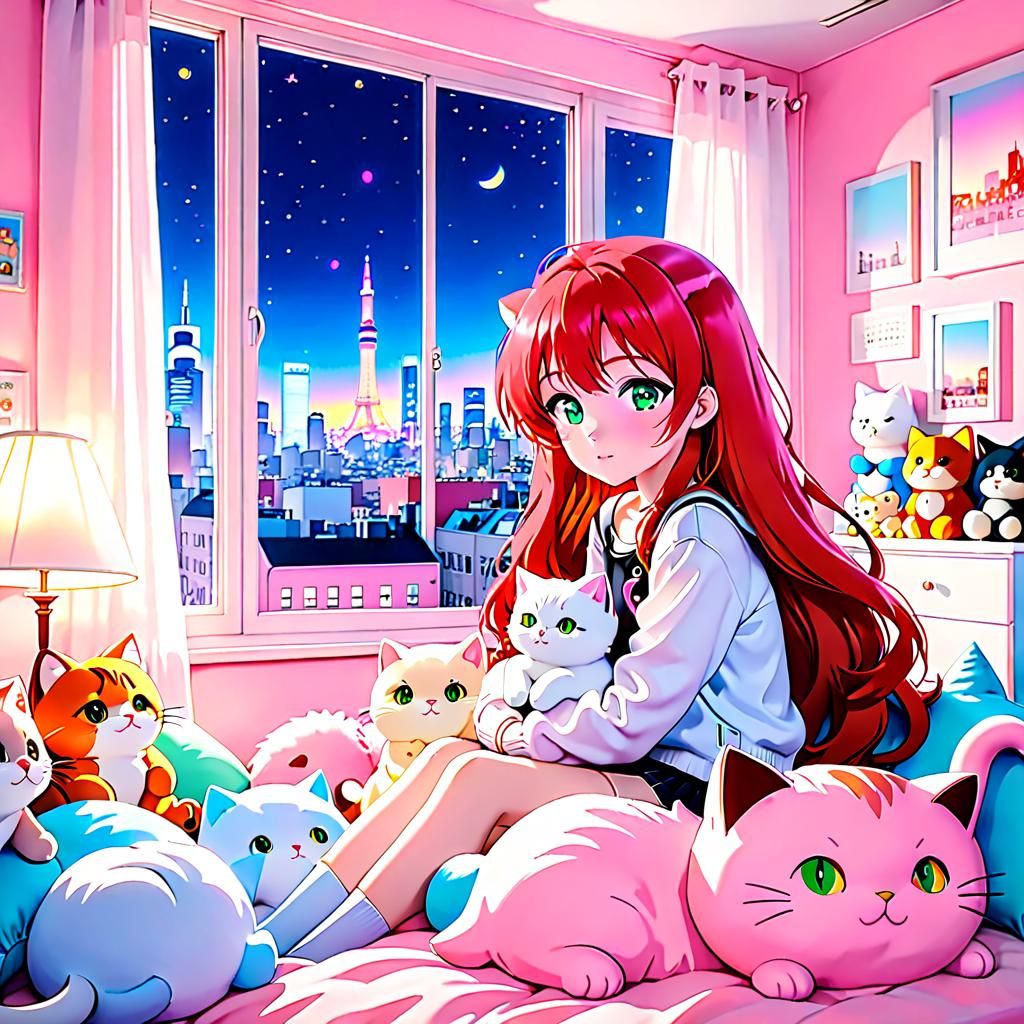 Pastel Anime Girl in Shibuya Bedroom