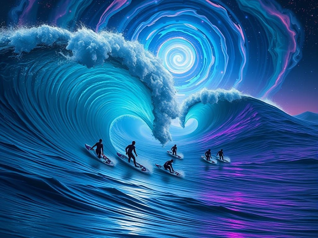 Epic Surf Culture Scene in Dreamlike, Bioluminescent Waves