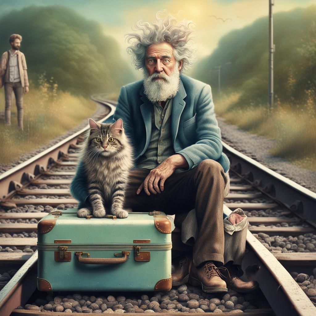 Pastel Vintage Image of Old Man with Cat