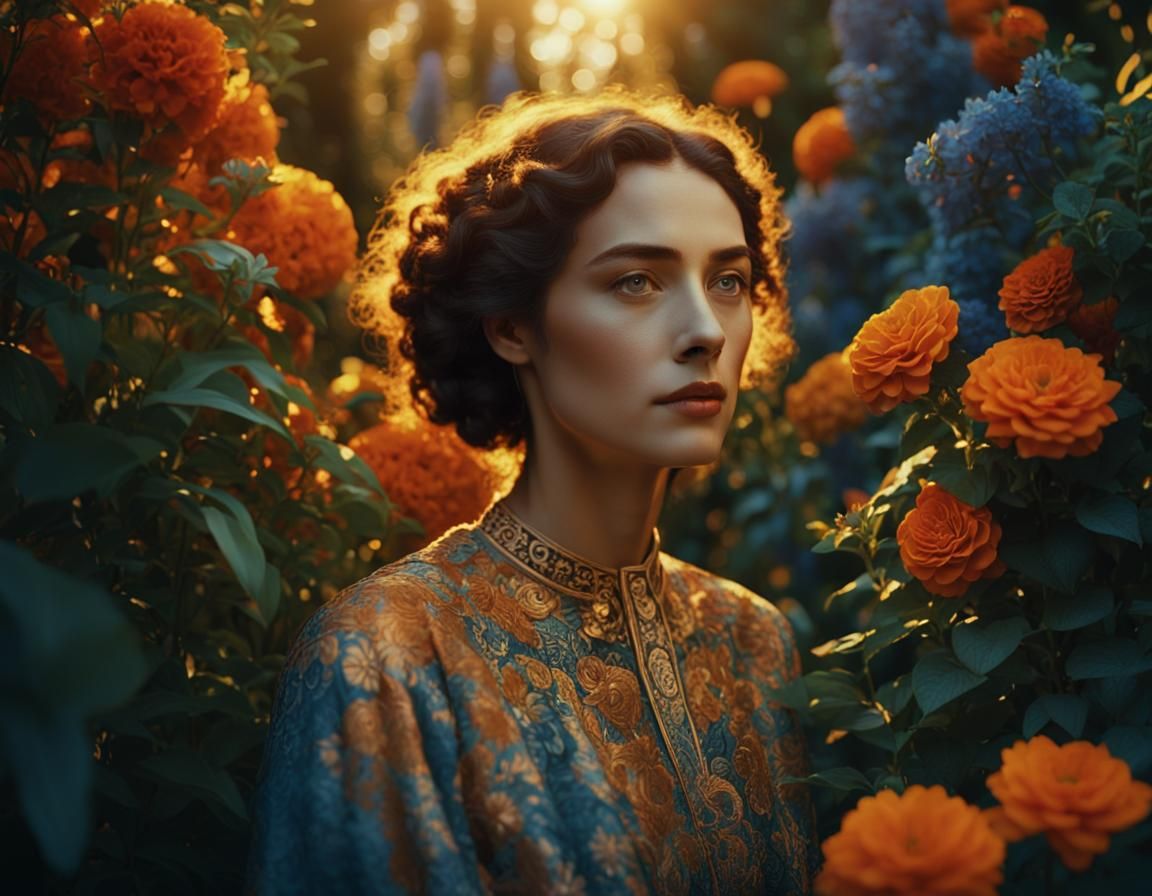 Serene Woman in Lush Nature, Klimt-Inspired Art