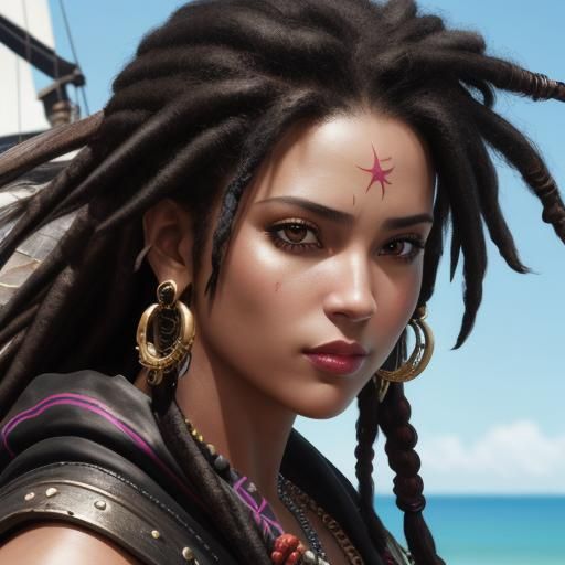Hyperrealistic Female Pirate on Tropical Beach