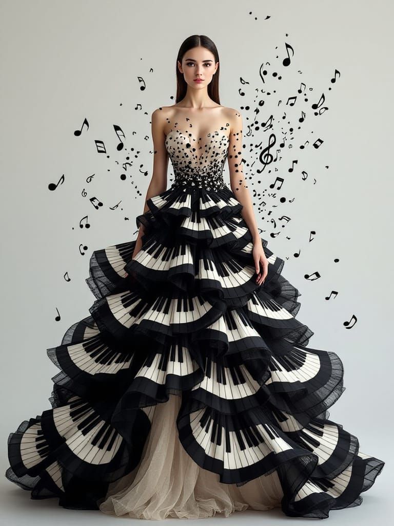 Woman in Avant-Garde Piano Key Gown with Floating Music Note...