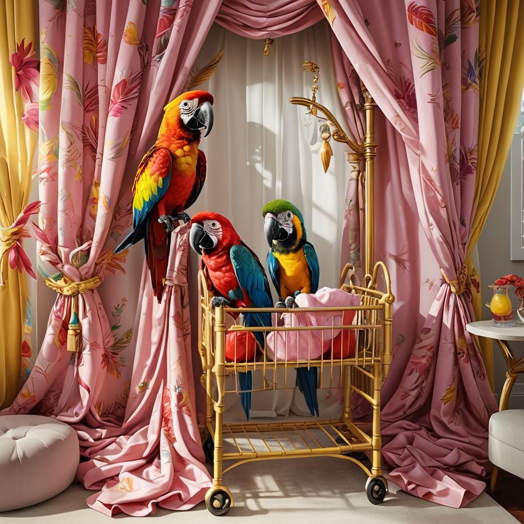Macaw with Pink Shirt in Modern Bedroom: Digital Art