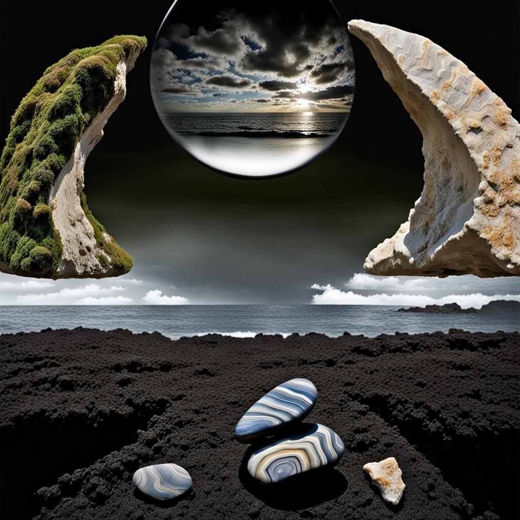 Stones on Cliff at Sunset with Knitted Clouds