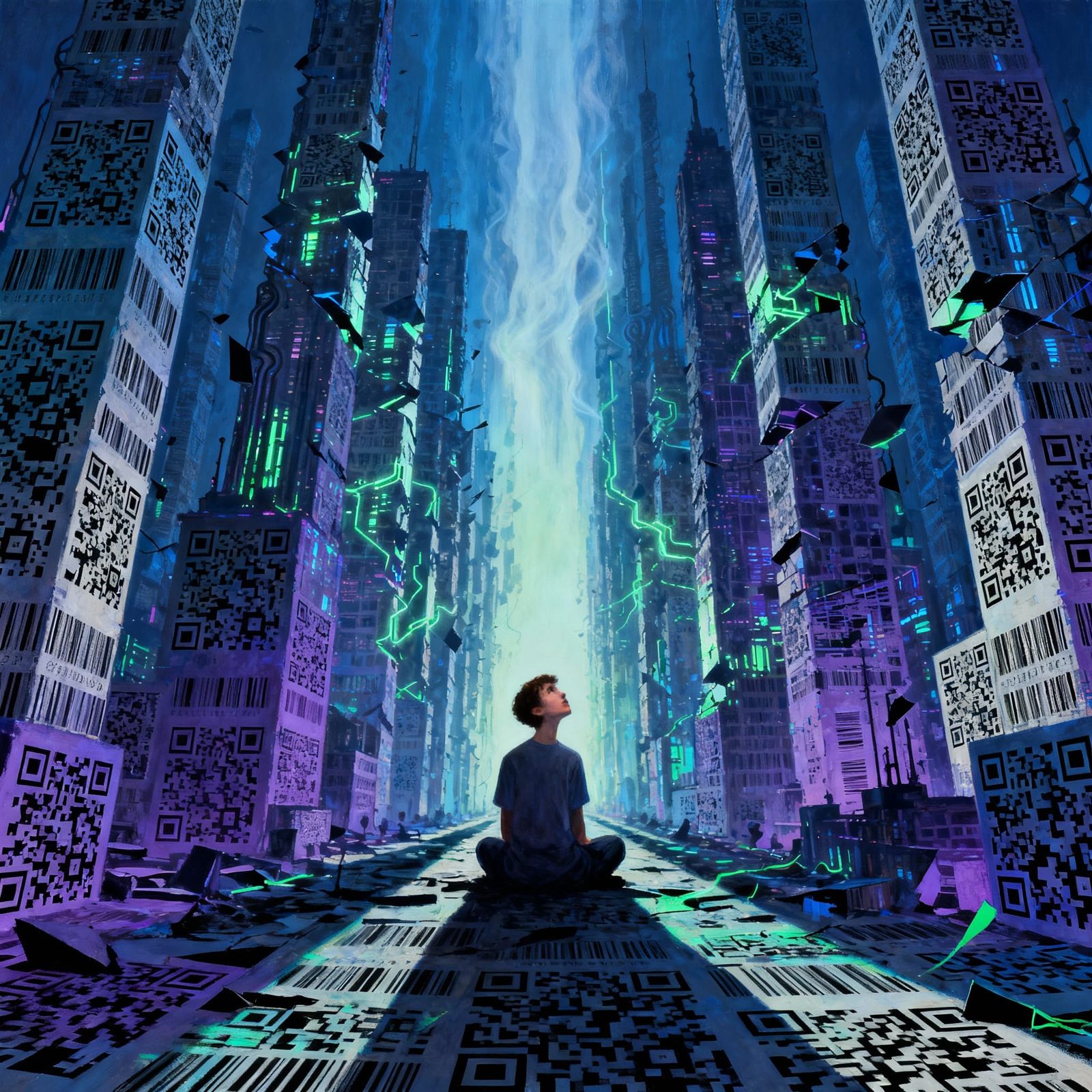 Dreamer in Barcode Cityscape: Surreal Digital Art