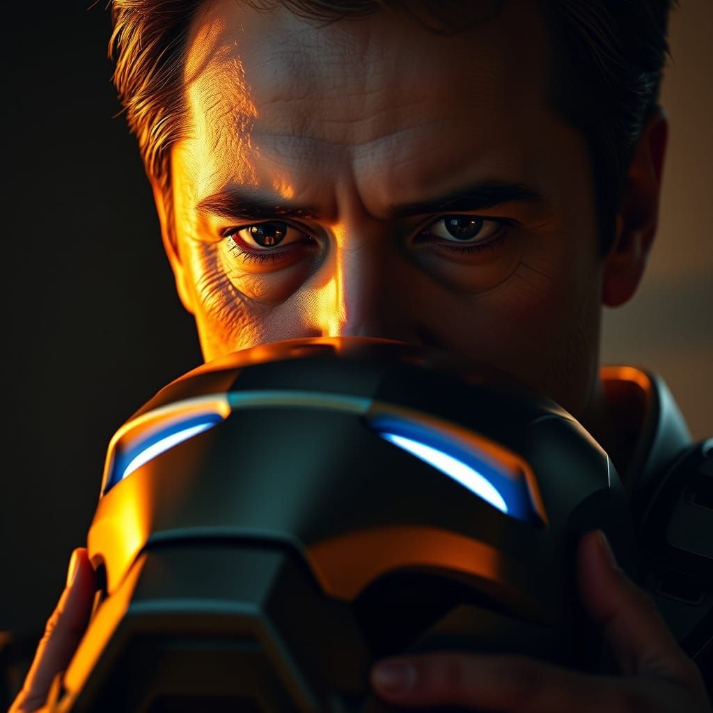 Tony Stark Contemplates Iron Man in Warm, Golden Light