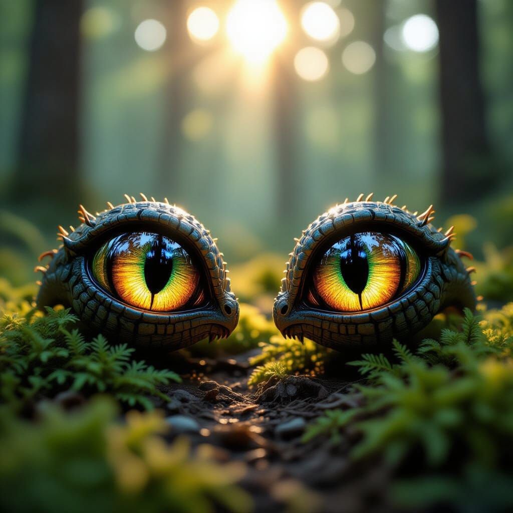 Pixel-Art Macro Shot of Alien Eyes in Deep Woods