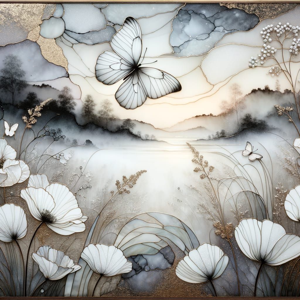 Ethereal White Mist Landscape with Butterfly and Flowers
