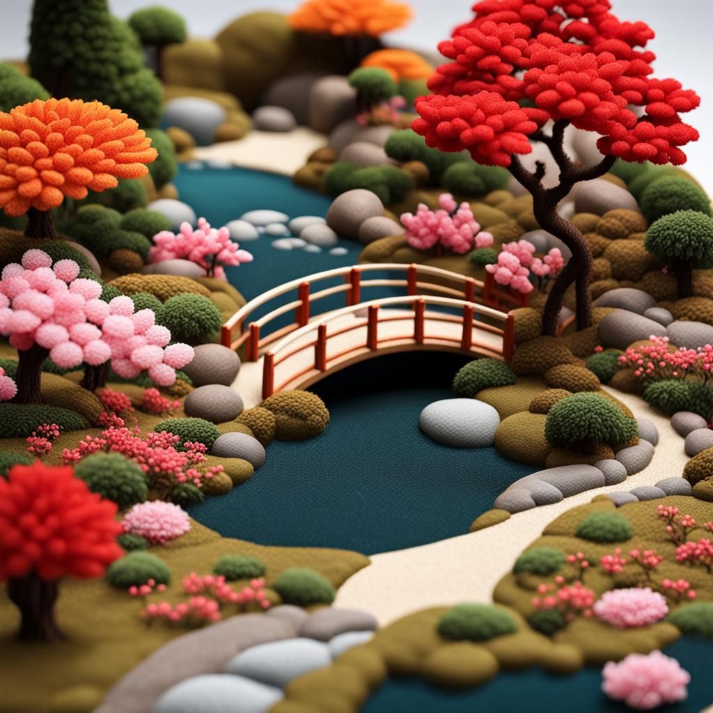 Detailed Japanese Garden in 3D Embroidery