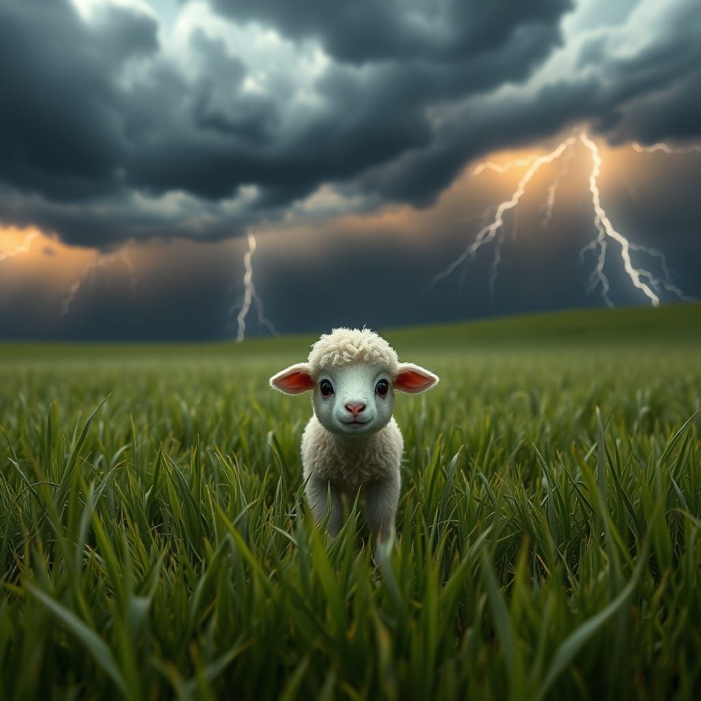 Frightened Lamb in Stormy Meadow, Photorealistic Style