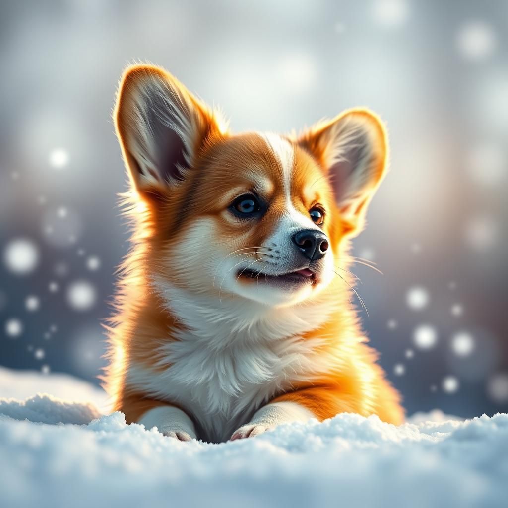 Adorable Corgi Puppy in Snow: Hyperrealistic Art