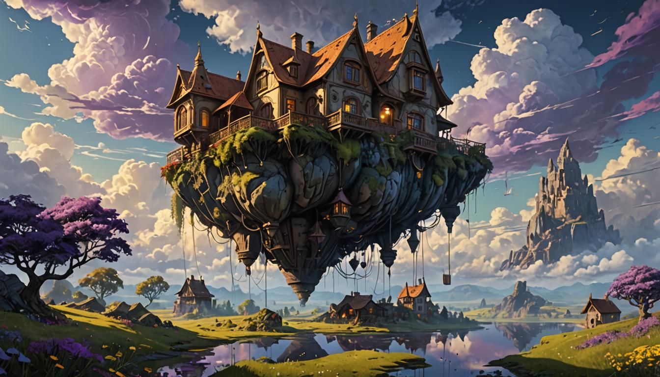 Floating House in Dark Fantasy Landscape