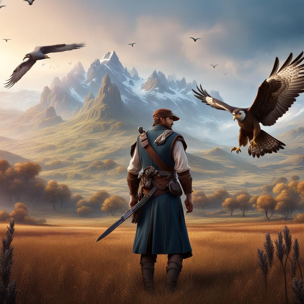 Falconer with Flying Falcon in Mountain Landscape