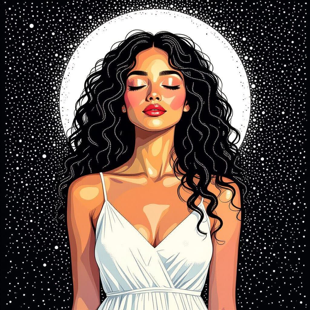 Ethereal Woman in Pointillism Style with Glowing Dots