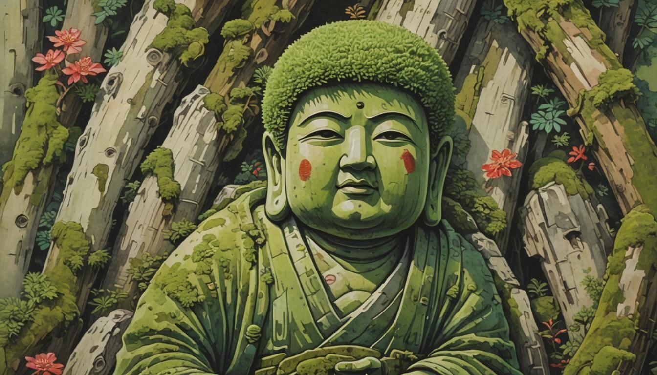 Mossy Jizo Statue Woodblock Print in Gouache Style