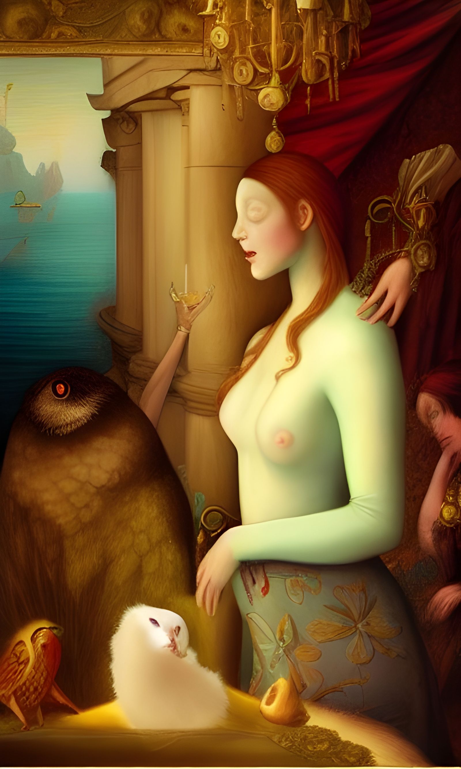 Woman with Parrot in Golden Renaissance Style