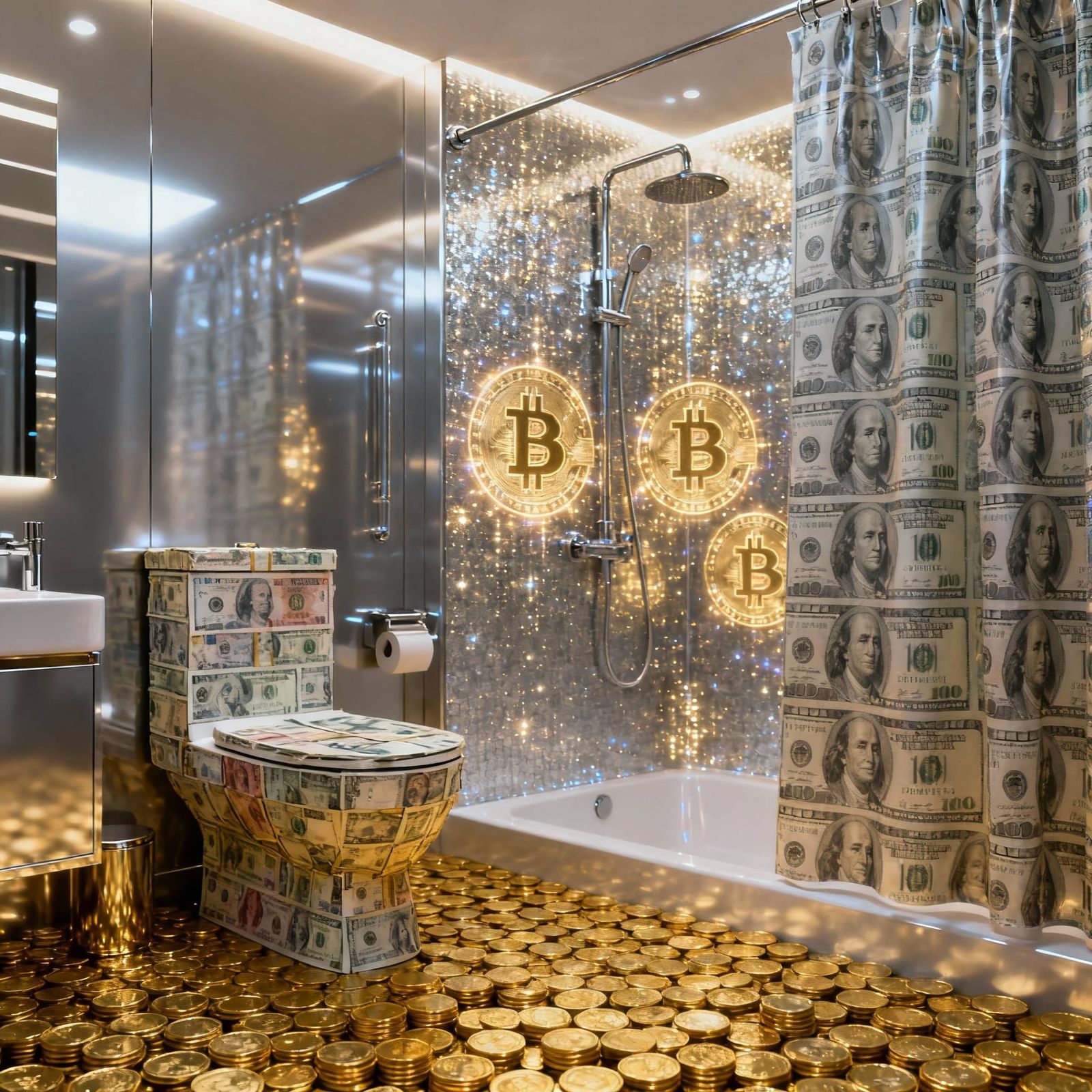 Futuristic Billionaire Bathroom with Gold and Currency Decor