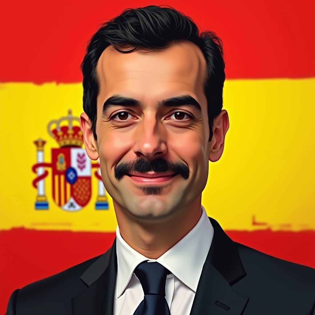 Pedro Sanchez Portrait on Spanish Flag in Surrealist Style