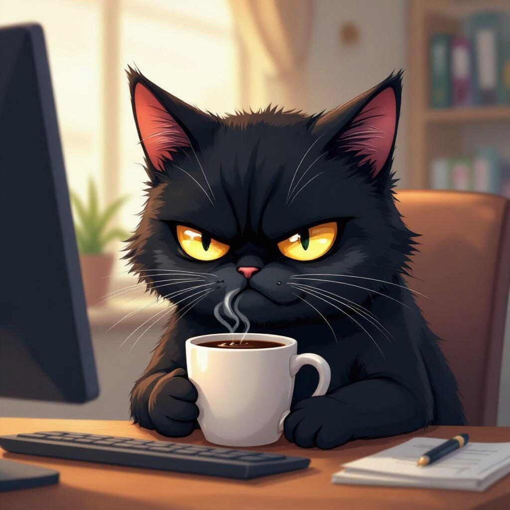 Tired Scruffy Cat Working Late, Anime Style